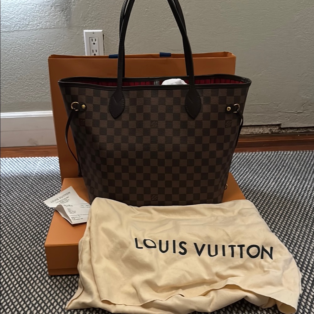 Louis Vuitton Damier Ebene Neverfull MM Tote Bag with Receipt